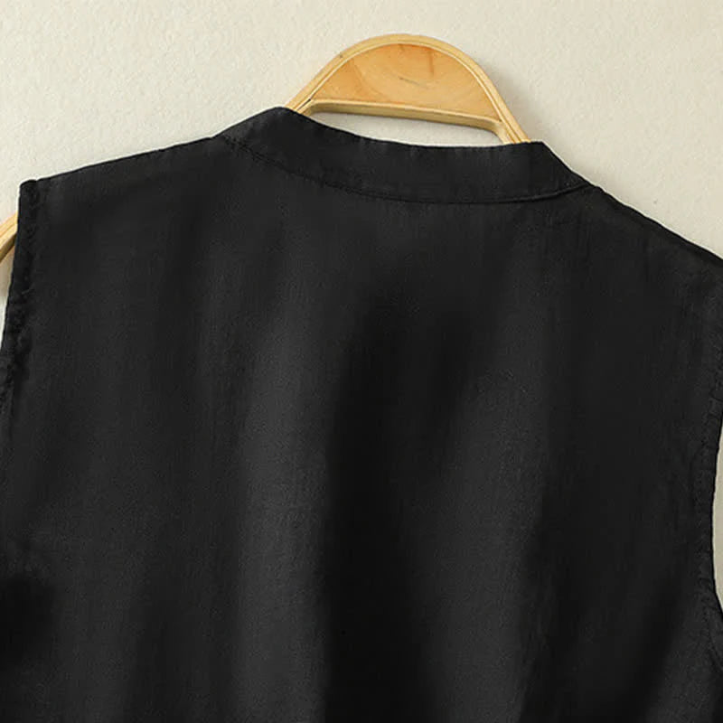Buddha Stones Summer Retro Plain Frog-Button Stand Collar Women's Sleeveless Vest