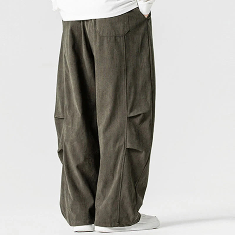 Buddha Stones Winter Drawstring Corduroy Cotton Men's Wide Leg Pants With Pockets