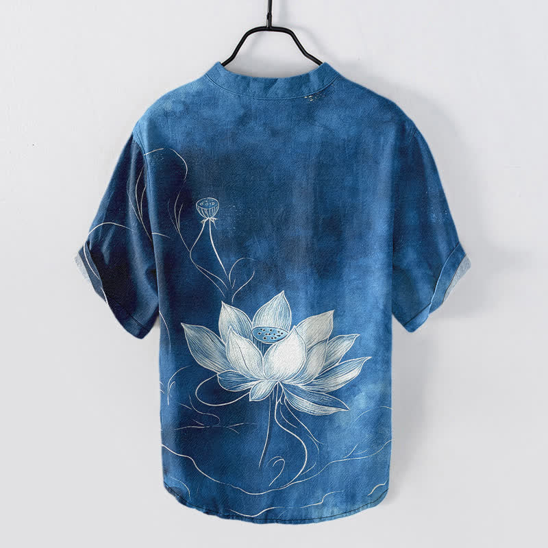 Buddha Stones Cotton Lotus Pattern Men's Short Sleeve Half Button Shirt