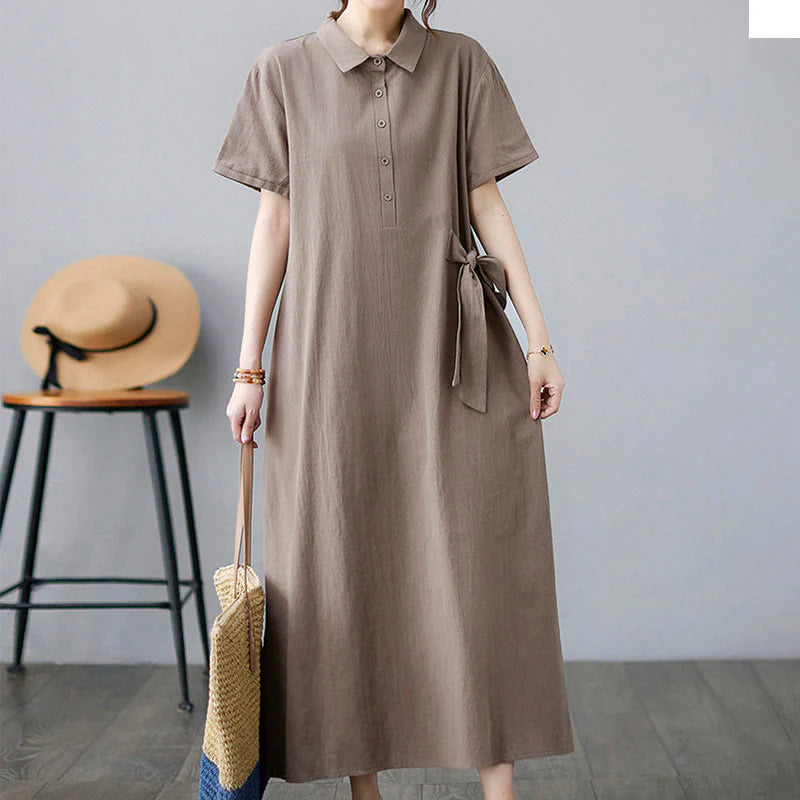 Buddha Stones Casual Plain Side Lace-Up Lapel Short Sleeve Cotton Linen Midi Dress With Pockets