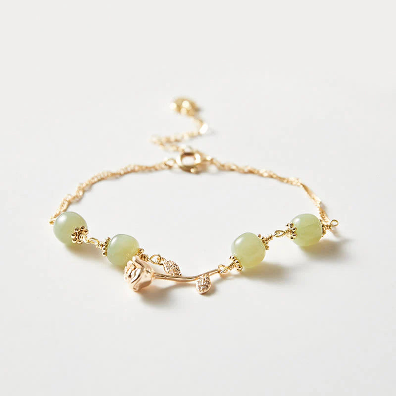 Buddha Stones 14K Gold Plated Hetian Jade Golden Rose Flower Luck Chain Bracelet