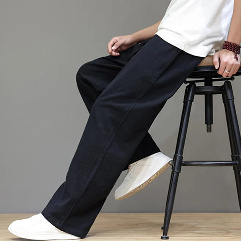 Buddha Stones Summer Men's Cotton Linen Straight Leg Pants With Pockets