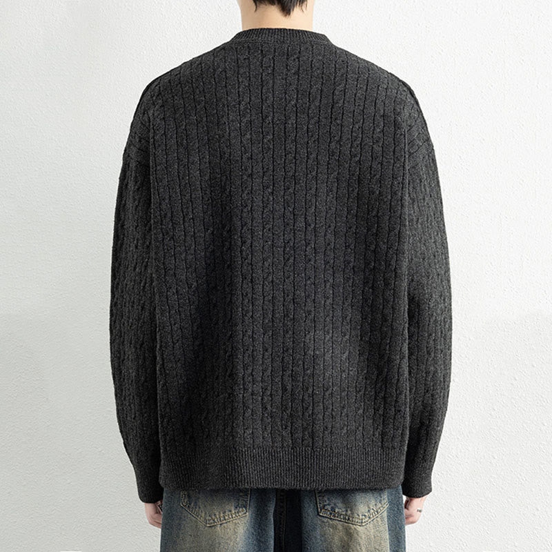 Buddha Stones Winter Crew Neck Three Buttons Twisted Design Warm Men's Long Sleeve Knitted Sweater