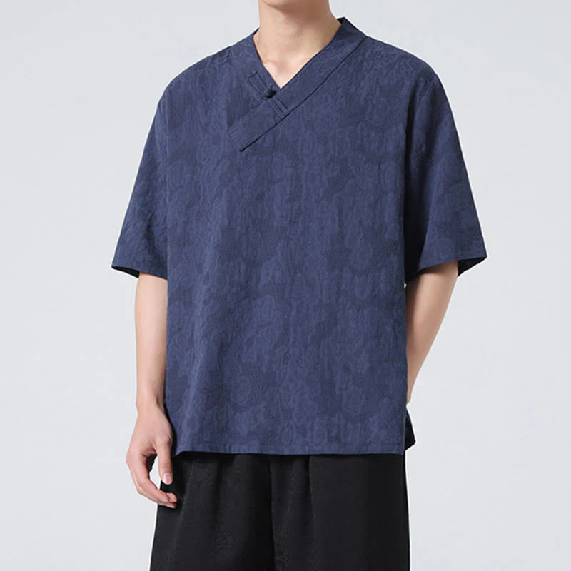 Buddha Stones Ethnic Distressed Jacquard Frog-Button Men's Stand Collar Half Sleeve Cotton Linen Shirt Tai Chi Clothes