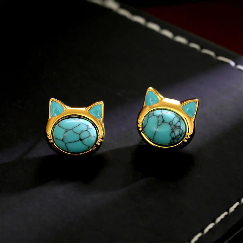 FREE Today: Protection and Courage Turquoise Tiger Eye Cat Head Design Copper Stud Earrings