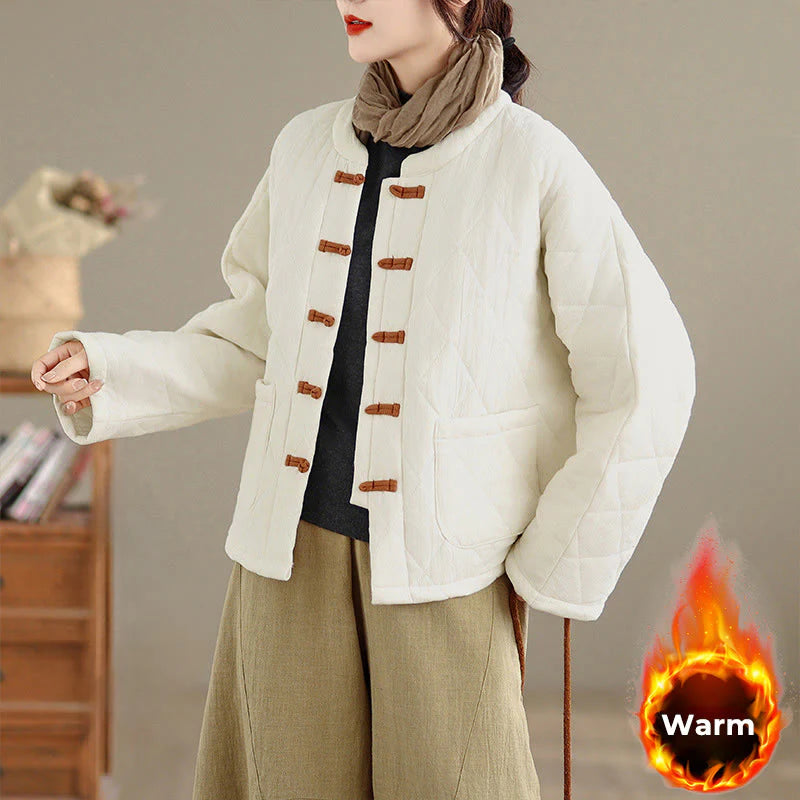 Buddha Stones Winter Frog-Button Diamond-shaped Lines Cotton Long Sleeve Women's Thermal Jacket With Pockets