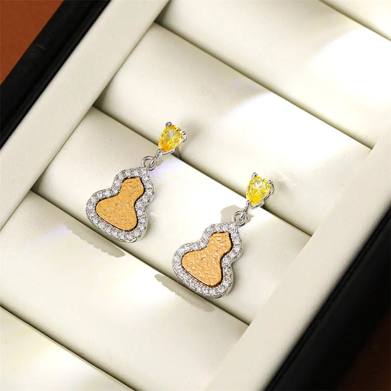 Buddha Stones Golden Gourd Zircon Copper Wealth Stud Earrings