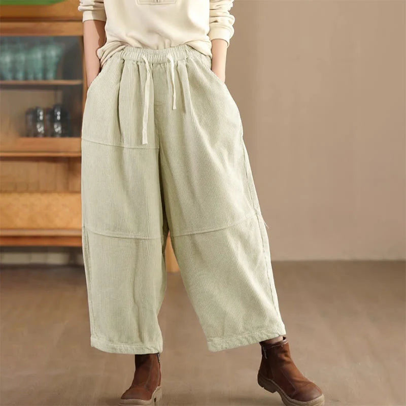 Buddha Stones Women's Drawstring Design Cotton Corduroy Thermal Fleece-Lined Pants With Pockets
