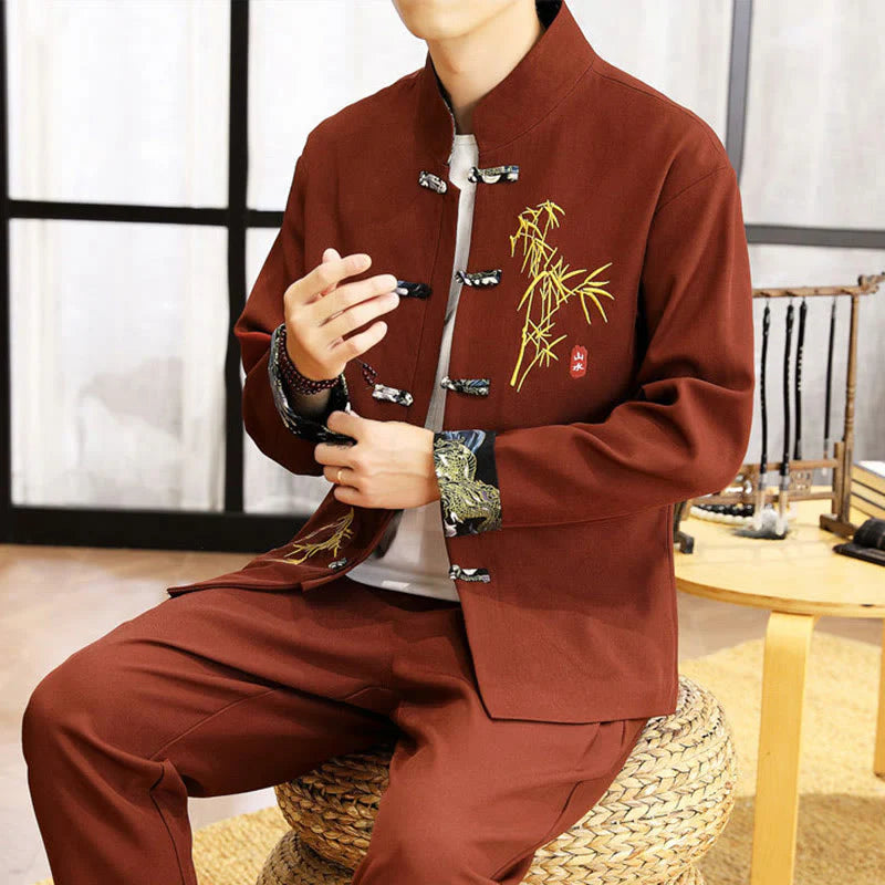 Buddha Stones 2Pcs Tang Suit Bamboo Frog-Button Men's Long Sleeve Shirt Pants Clothing Set