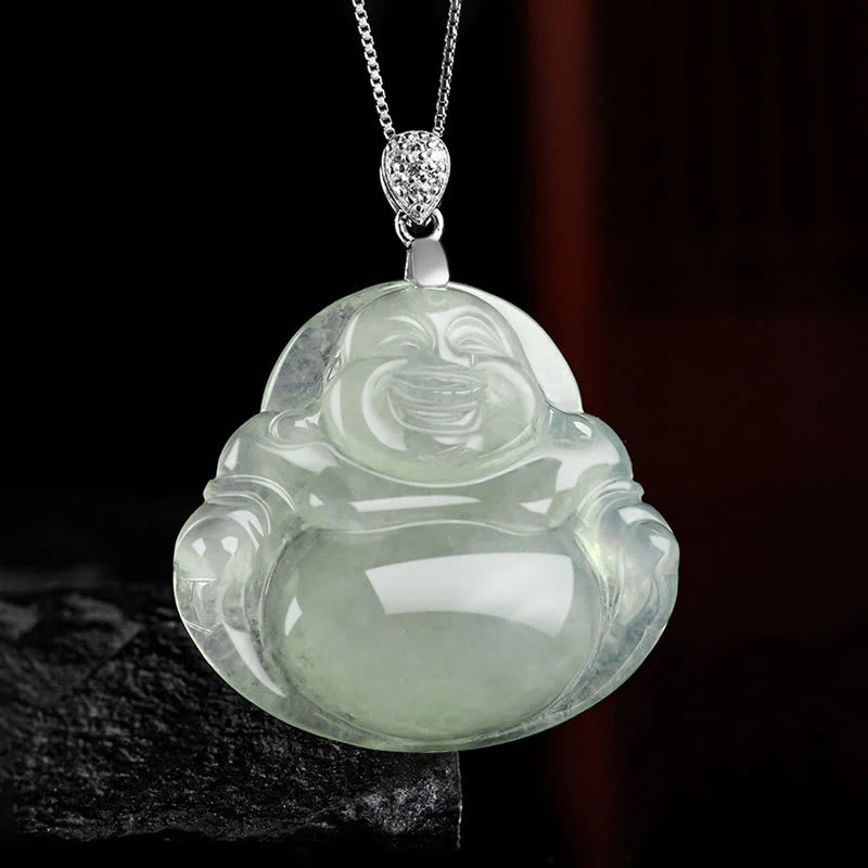 Buddha Stones Natural Jade Laughing Buddha Prosperity Abundance Titanium Steel Chain Necklace Pendant