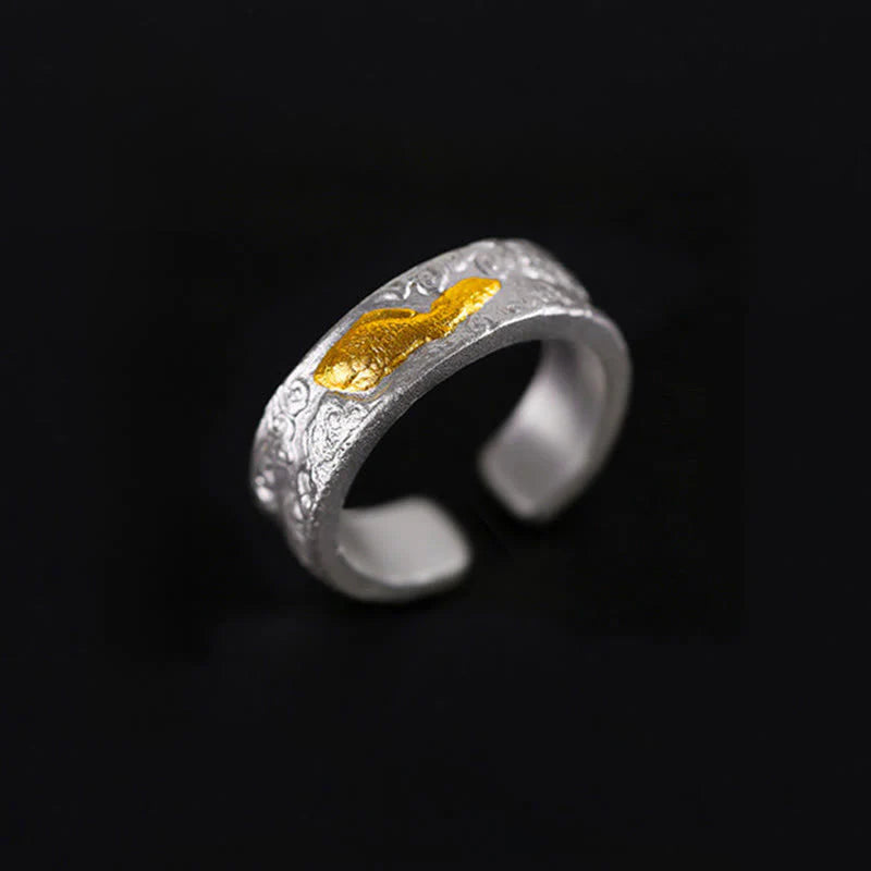 Buddha Stones 999 Sterling Silver 999 Gold Koi Fish Auspicious Clouds Luck Ring