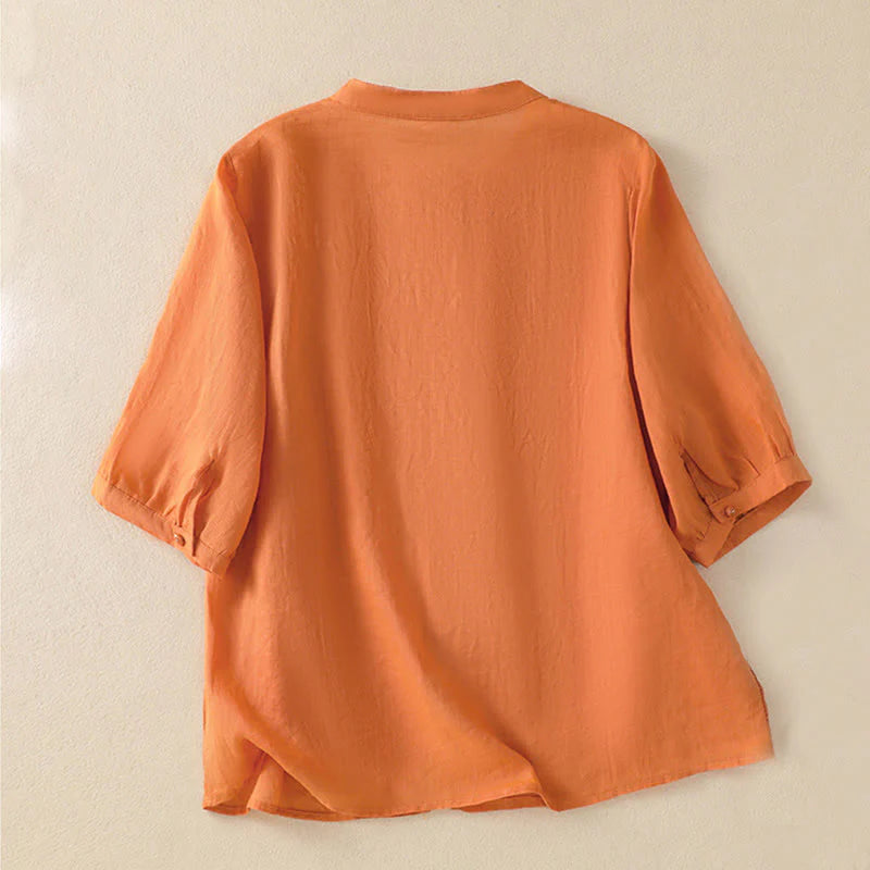Buddha Stones Rose Floral Embroidery Button Half Sleeve Women's Cotton Shirt