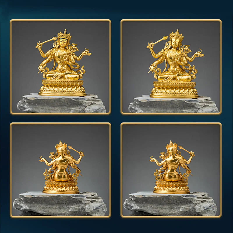 Buddha Stones Four-armed Manjusri Bodhisattva Gold Figurine Compassion Serenity Copper Statue Home Decoration