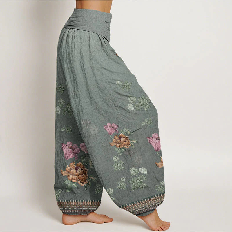 Buddha Stones Cotton Casual Plant Peony Petals Pattern Women's Elastic Waist Harem Pants