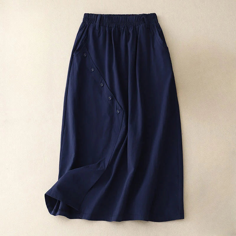 Buddha Stones Casual Plain Asymmetrical Button Design Cotton Women's Skirt With Pockets