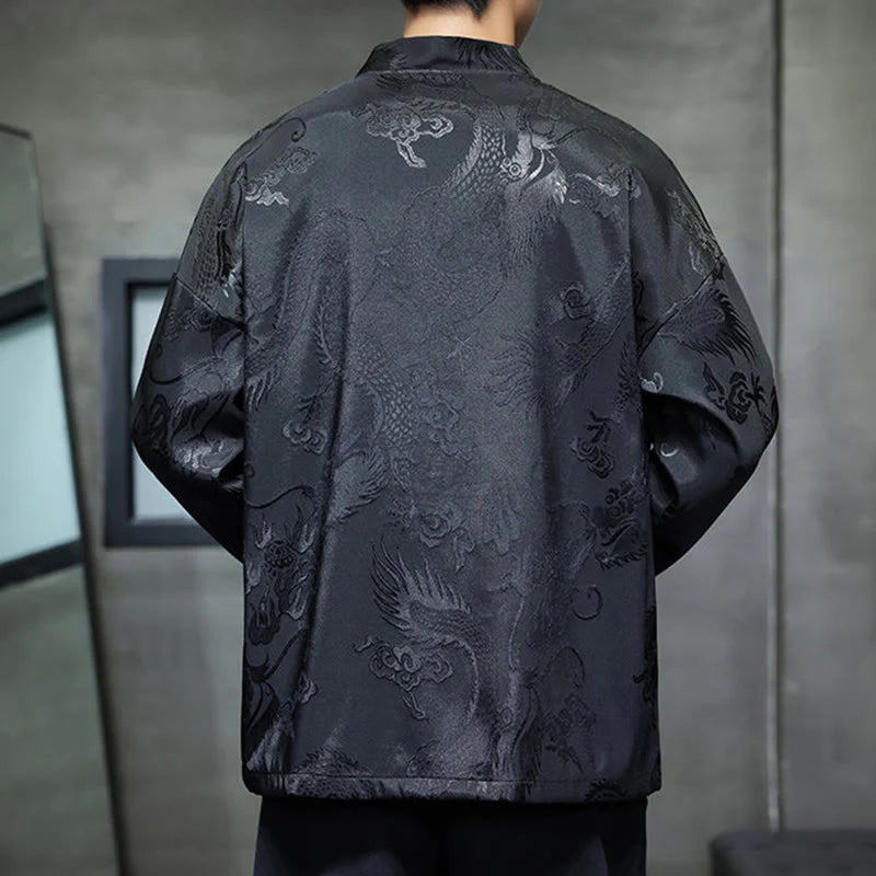 Buddha Stones Frog-Button Dragon Jacquard Stand Collar Long Sleeve Tang Suit Men's Shirt