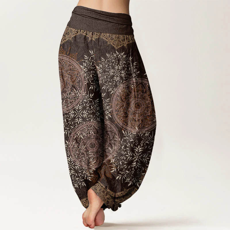 Buddha Stones Cotton Mandala Pattern Leaves Women's Elastic Waist Harem Pants