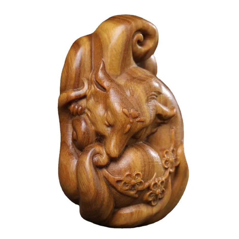 Buddha Stones Mini Nine Tailed Fox Green Sandalwood Peace Decoration Car Hanging Decoration