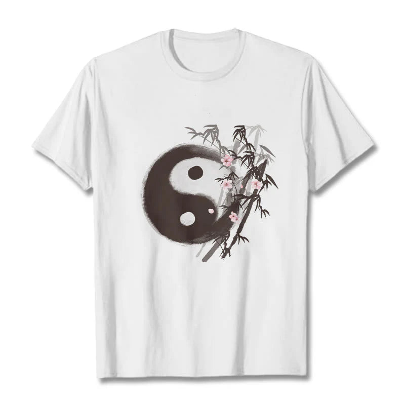 Buddha Stones Yin Yang Bamboo Cherry Blossom Pattern Tee T-shirt