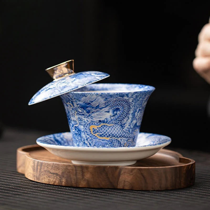 Buddha Stones Thangka Dragon Buddhas Dunhuang Ceramic Gaiwan Sancai Kung Fu Tea Cup And Saucer With Lid Gift Box 180ml