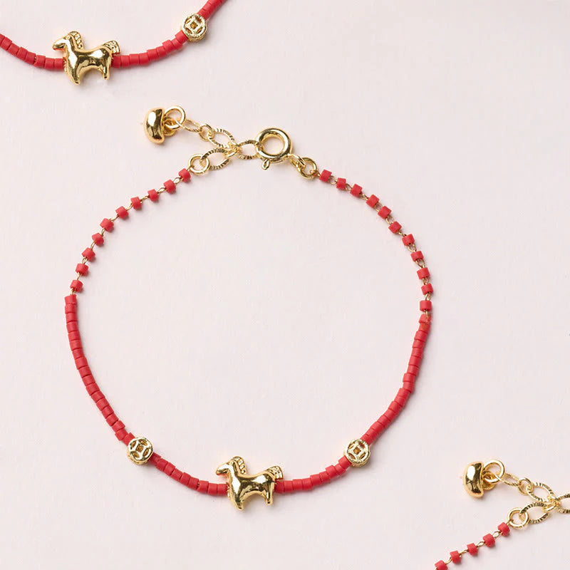 Buddha Stones 925 Sterling Silver Plated Gold Year of the Horse Red Liuli Glass Prosperity Bracelet