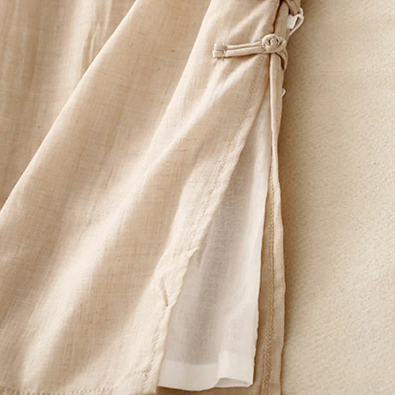 Buddha Stones Casual Plain Color Chinese Frog Button Cotton Linen Women's Wide Leg Pants