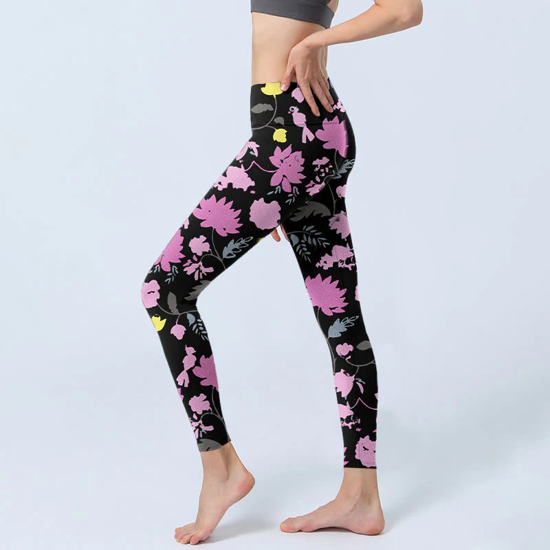 Buddha Stones Watercolor Style Softly Colored Flower Leaf Pattern Print Gym Leggings Women's Yoga Pants