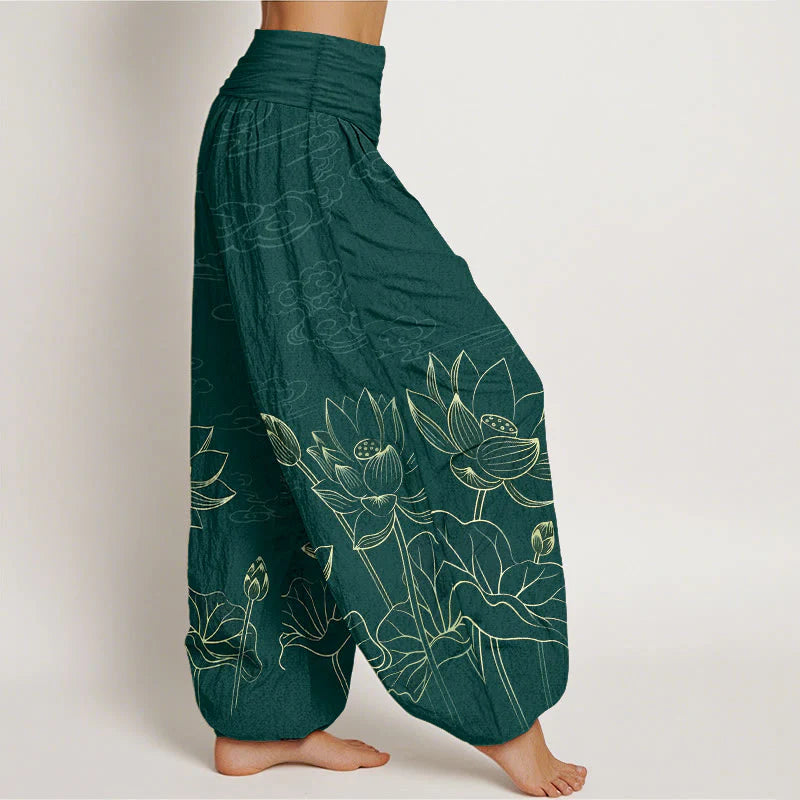Buddha Stones Pure Cotton Concise Lotus Flower Leaf Pod Bud Cloud Pattern Women's Elastic Waist Harem Pants
