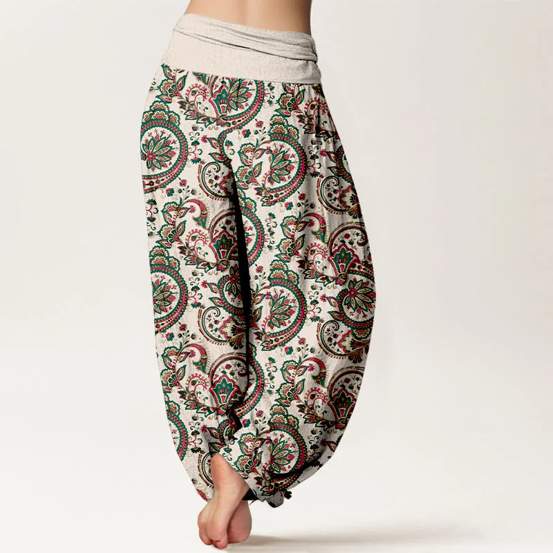 Buddha Stones Cotton Retro Complex Flowers Leaves Vine Pattern Women's Elastic Waist Harem Pants