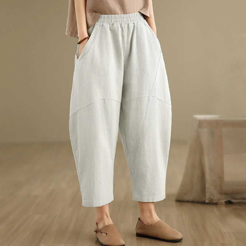 Buddha Stones Spring 7-8 Length Solid Color Women's Cotton Linen Harem Pants With Pockets