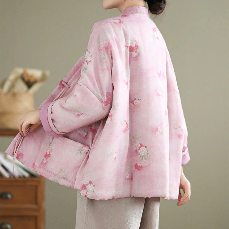 Buddha Stones Printed Flowers Women's Long Sleeve Jacket With Pockets