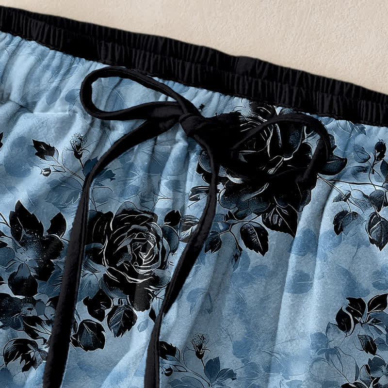 Buddha Stones Pure Cotton Rose Pattern Elastic Waist Drawstring Women's Pants With Pockets