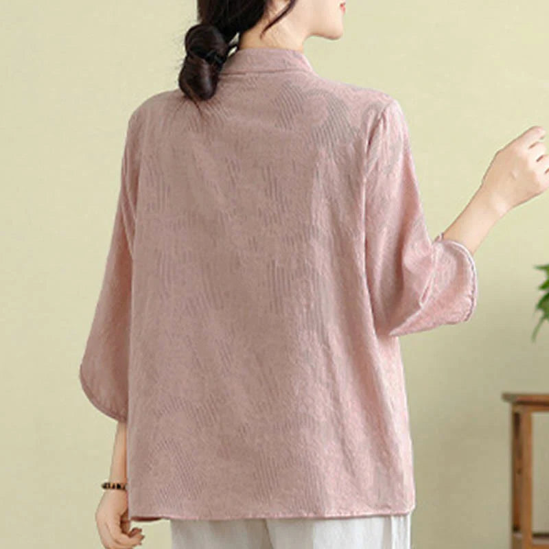 Buddha Stones Flower Embroidery Three Quarter Sleeve One Frog-Button Mandarin Collar Cotton Women's Shirt