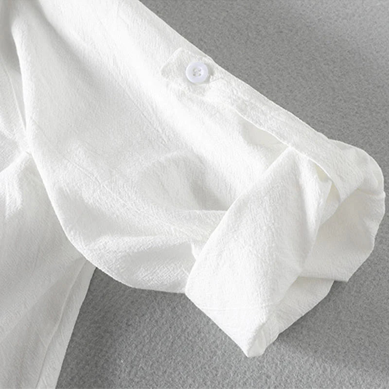 Buddha Stones Summer Solid Men's Buttons Half Sleeve Cotton Linen Shirt