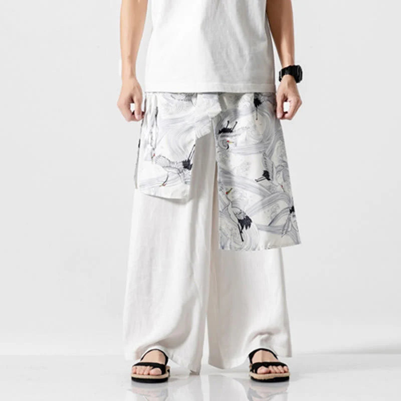 Buddha Stones Summer Flying Crane Design Cotton Men's Wide Leg Pants With Pockets