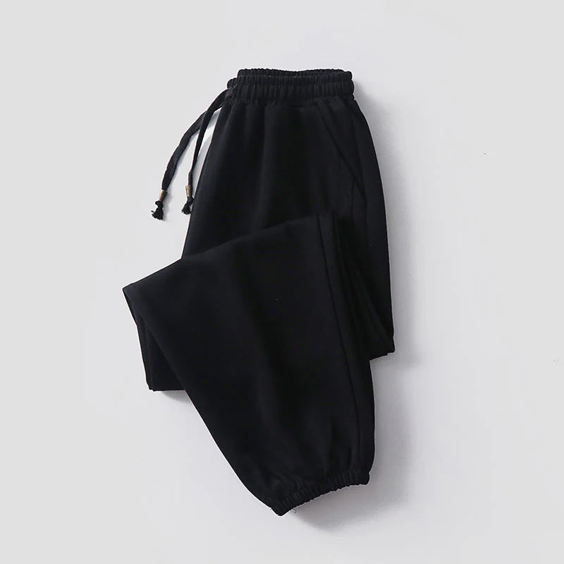 Buddha Stones Fall Winter Solid Drawstring Regular Fleece-Lined Elastic Waist Men's Cotton Harem Pants With Pockets