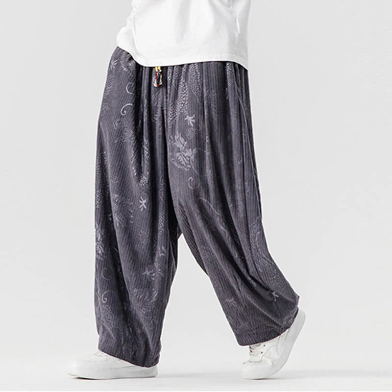Buddha Stones Winter Dragon Phoenix Pattern Cotton Corduroy Men's Harem Pants With Pockets