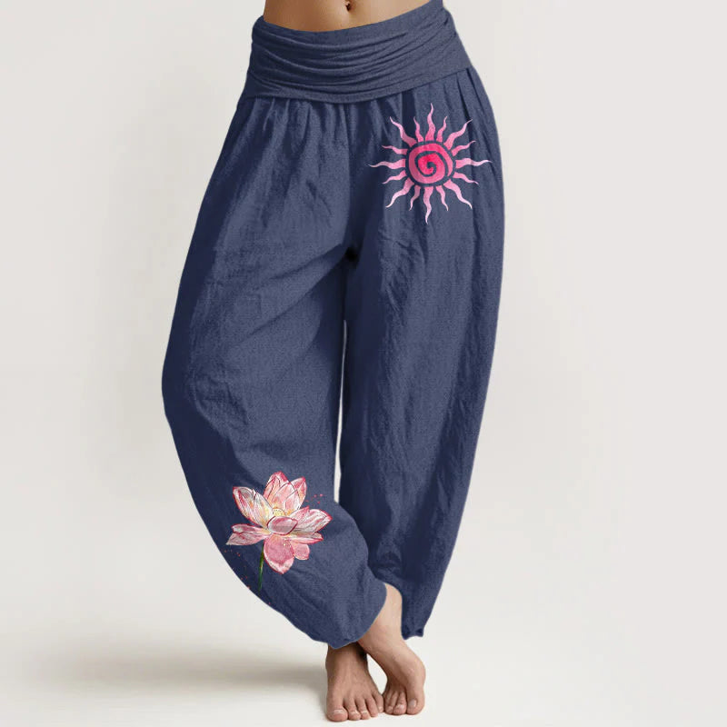 Buddha Stones Cotton Lotus Flower Sun Pattern Women's Elastic Waist Harem Pants