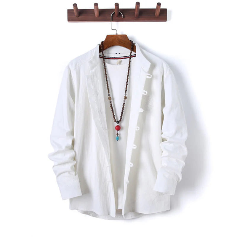 Buddha Stones 2Pcs Solid Color Men's Frog-Button Long Sleeve Cotton Shirt Pants Set With Pockets