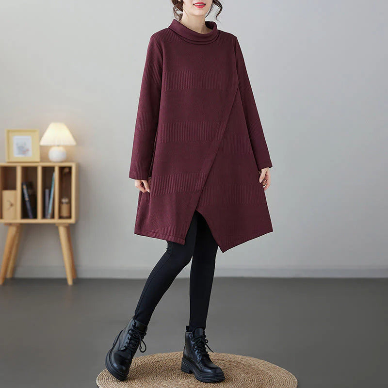Buddha Stones Winter Irregular Hem Design Mock Neck Long Sleeve Midi Dress With Pockets
