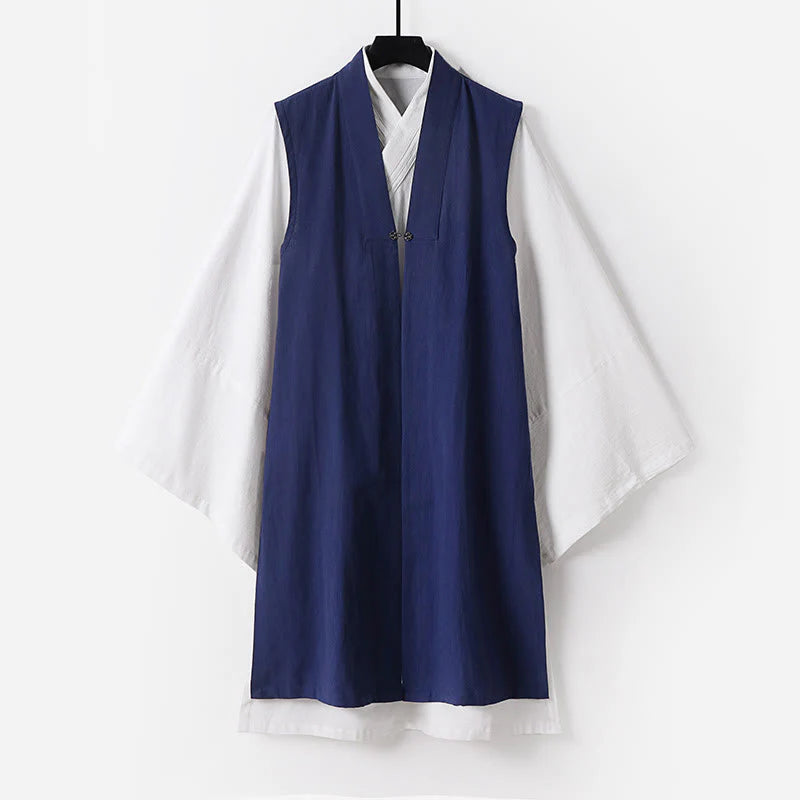Buddha Stones 2Pcs Wudang Tai Chi Ceremony Solid Long Sleeve Men's Taoist Long Robe Kimono Sleeveless Vest Suit