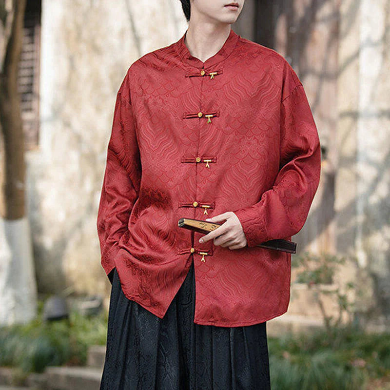 Buddha Stones Chinese Frog-Button Bamboo Shape Design Stand Collar Men's Long Sleeve Shirt