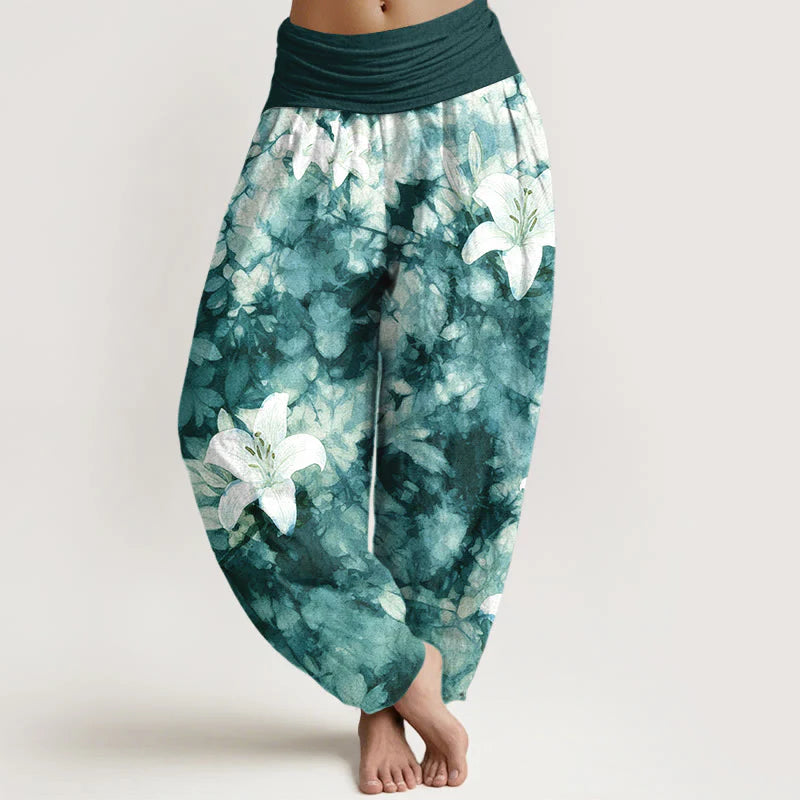 Buddha Stones Pure Cotton Watercolor Style Lily Pattern Women's Elastic Waist Harem Pants