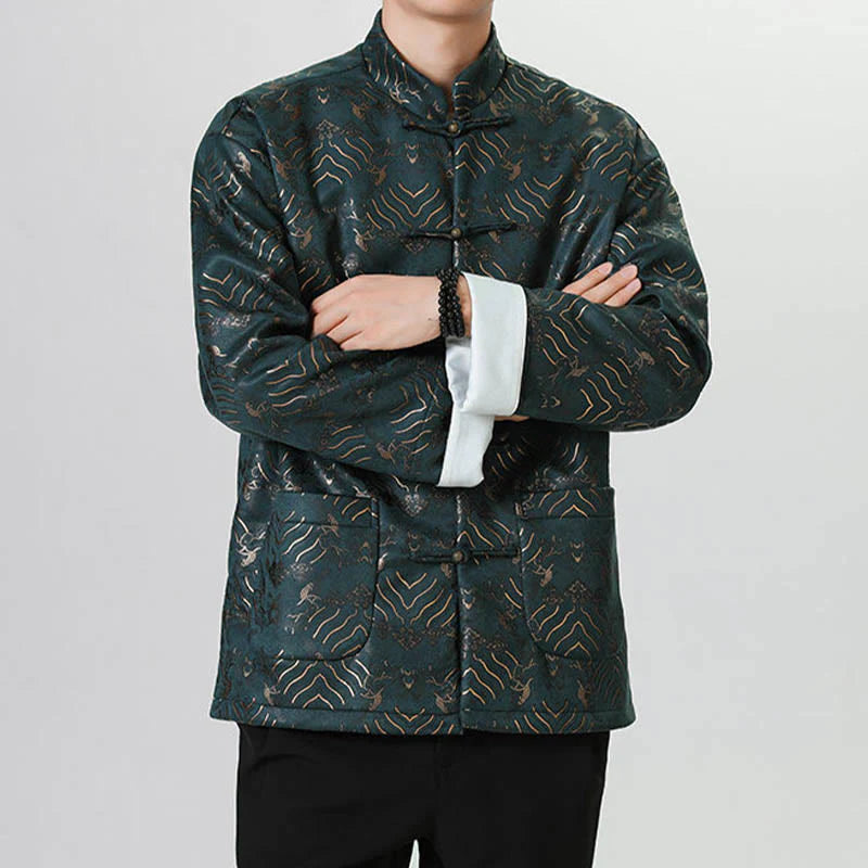 Buddha Stones Frog-Button Chinese Tang Suit Wave Shape Long Shirt Men Jacket Clothing
