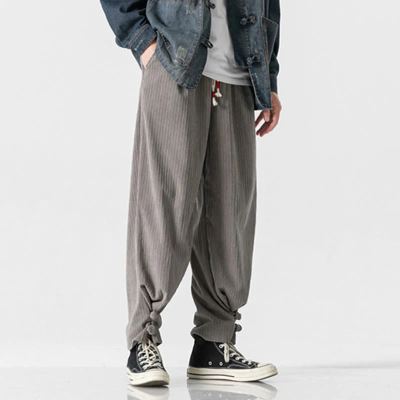 Buddha Stones Fall Winter Men's Pure Color Button Design Cotton Straight Leg Pants With Pockets