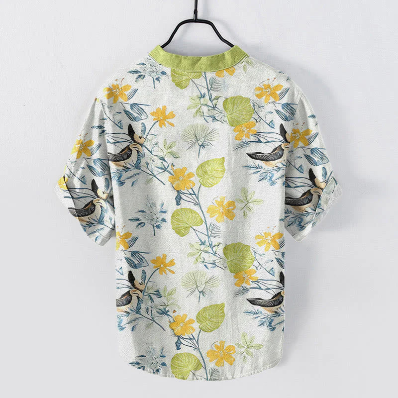 Buddha Stones Cotton Tropical Floral Bird Pattern Men's Short Sleeve Half Button Shirt