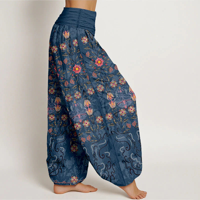 Buddha Stones Pure Cotton Blooming Multicolored Floral Women's Elastic Waist Harem Pants