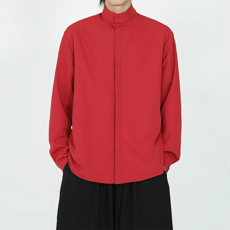Buddha Stones Solid Color One Frog-Button Long Sleeve Cotton Men's Shirt