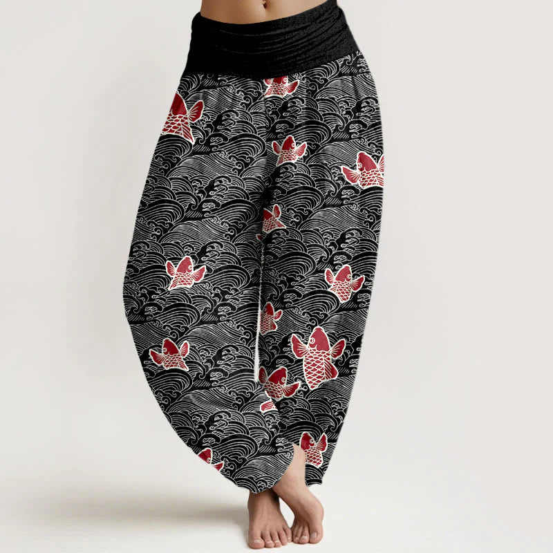 Buddha Stones Print Koi Fishes Waves Pattern Women's Elastic Waist Harem Pure Cotton Pants