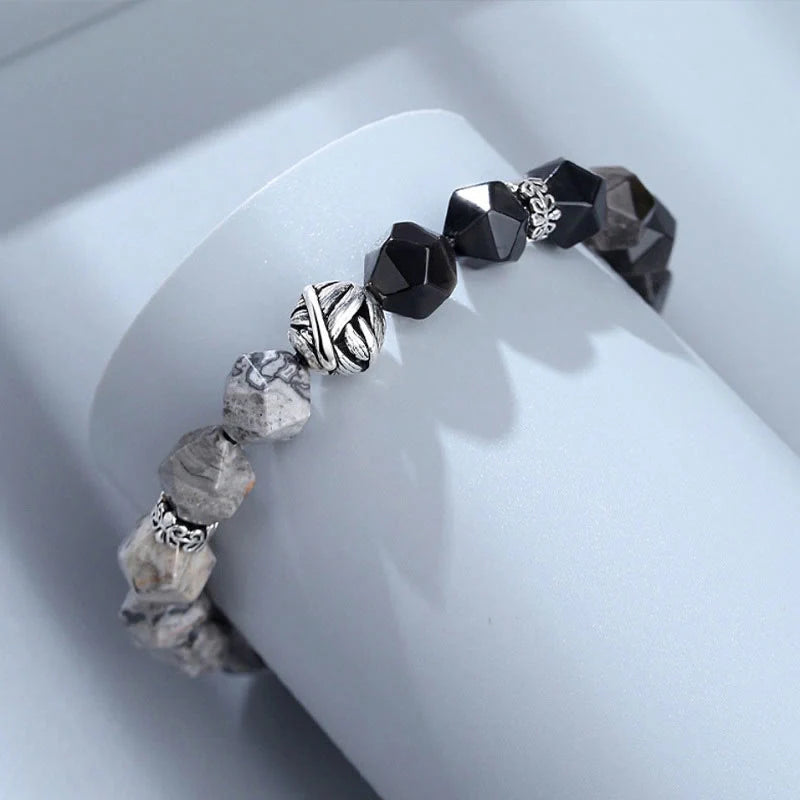 Buddha Stones Natural Irregular Cut Obsidian Grey Jasper 925 Sterling Silver Rolled Leaf Bead Protection Bracelet